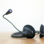 Casque avec micro posé sur une table en bois clair