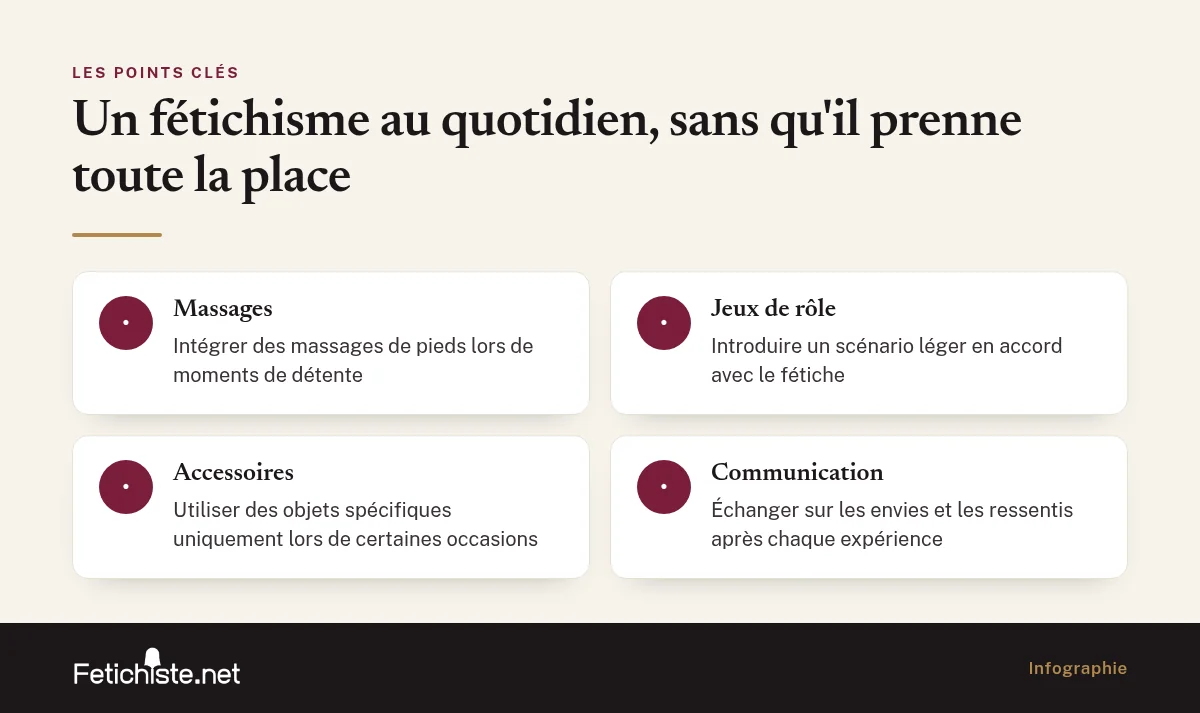 Infographie : Un fétichisme au quotidien, sans qu'il prenne toute la place (massages, jeux de rôle, accessoires, communication)
