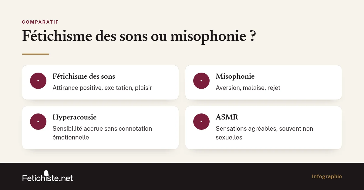 Infographie : Fétichisme des sons ou misophonie ? (fétichisme des sons, misophonie, hyperacousie, aSMR)
