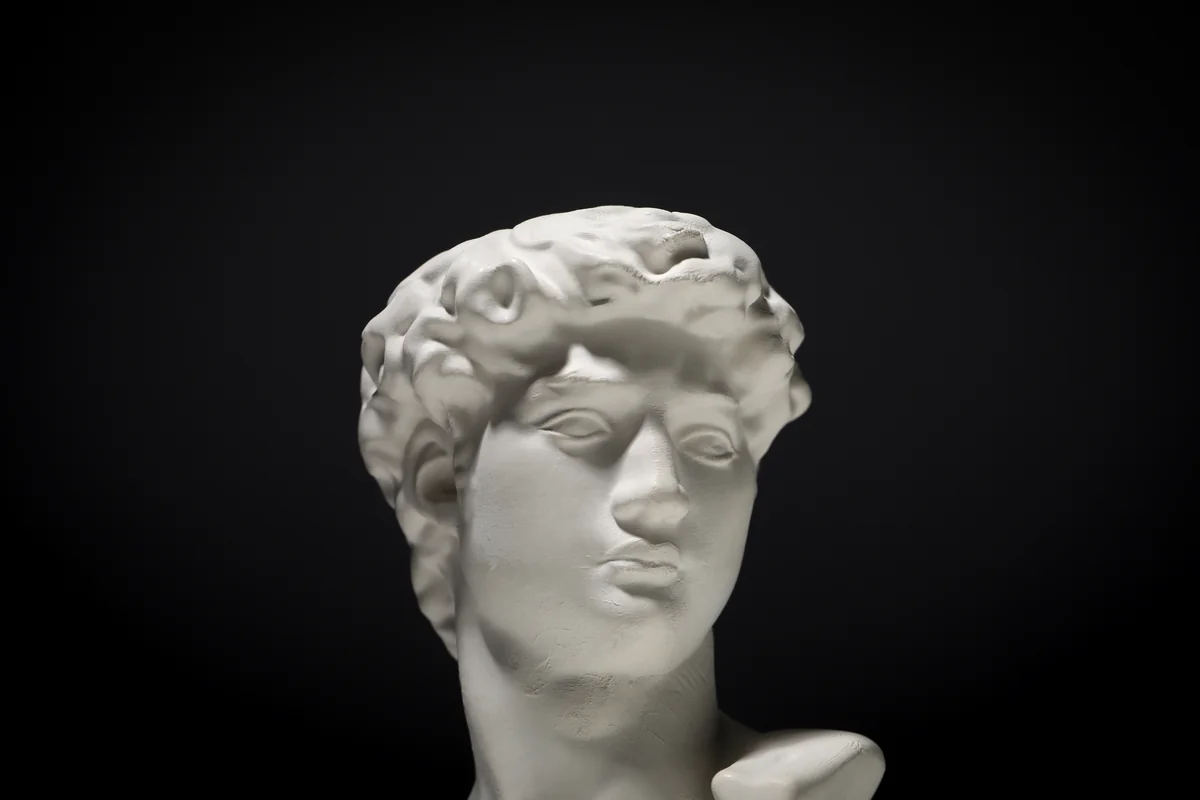 Réplique de la tête du David de Michel-Ange sur fond noir